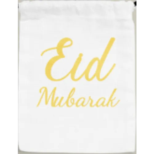 Elegante gouden Eid Mubarak kalligrafie op een cadeautasje in zwart of wit