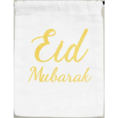 Elegante gouden Eid Mubarak kalligrafie op een cadeautasje in zwart of wit