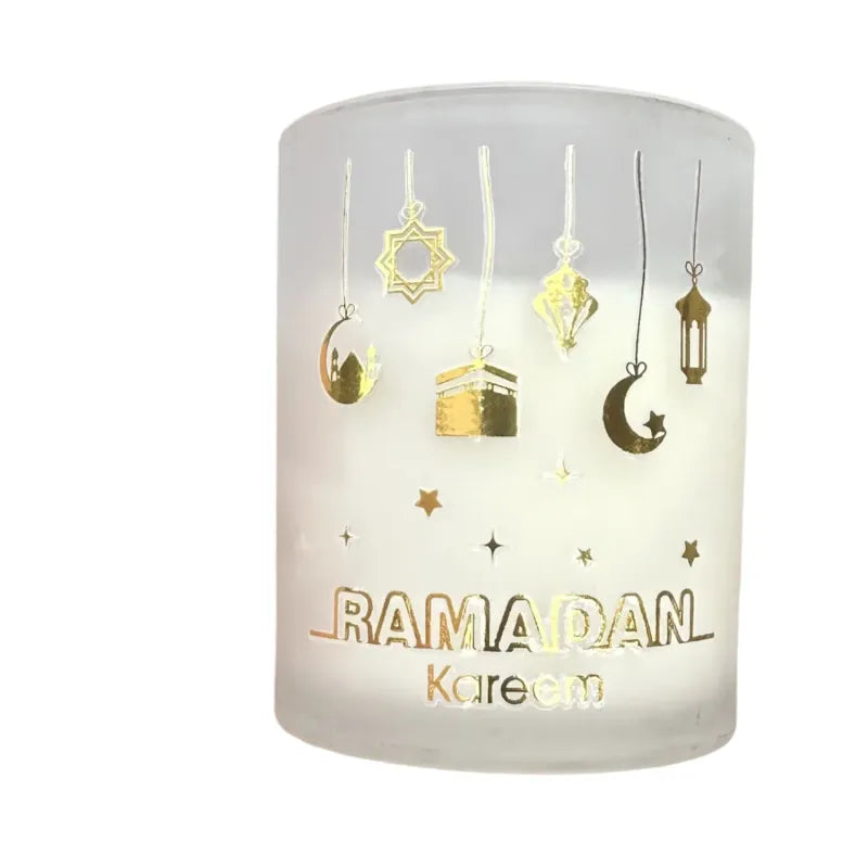 Frosted glass lantern met gouden Ramadan-symbolen voor de Ramadan geurkaars