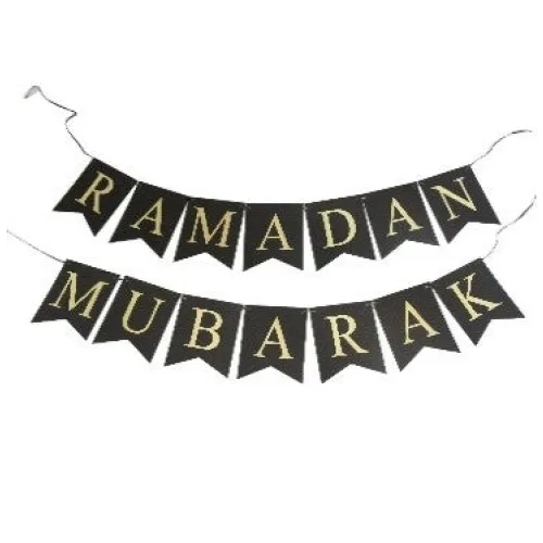 Zwarte en gouden vlaggenlijn met Ramadan Mubarak, perfect voor je mubarak letterslinger