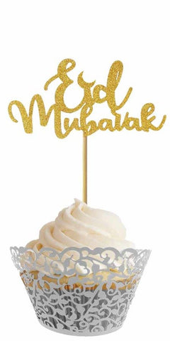Cupcake prikkers "Eid Mubarak" glitter goud (6 stuks)